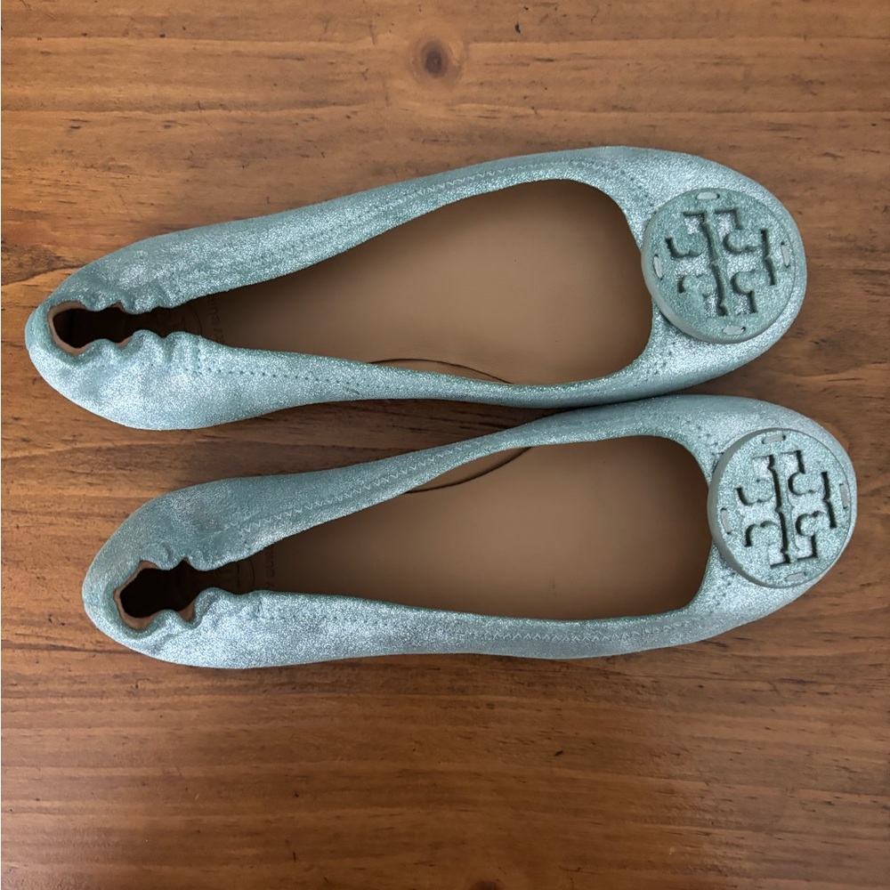 Tory Burch Silver Quilted Flats with Medallion
